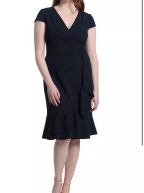 London Times Navy V-Neck Wrap Midi Dress with Ruffle Hem